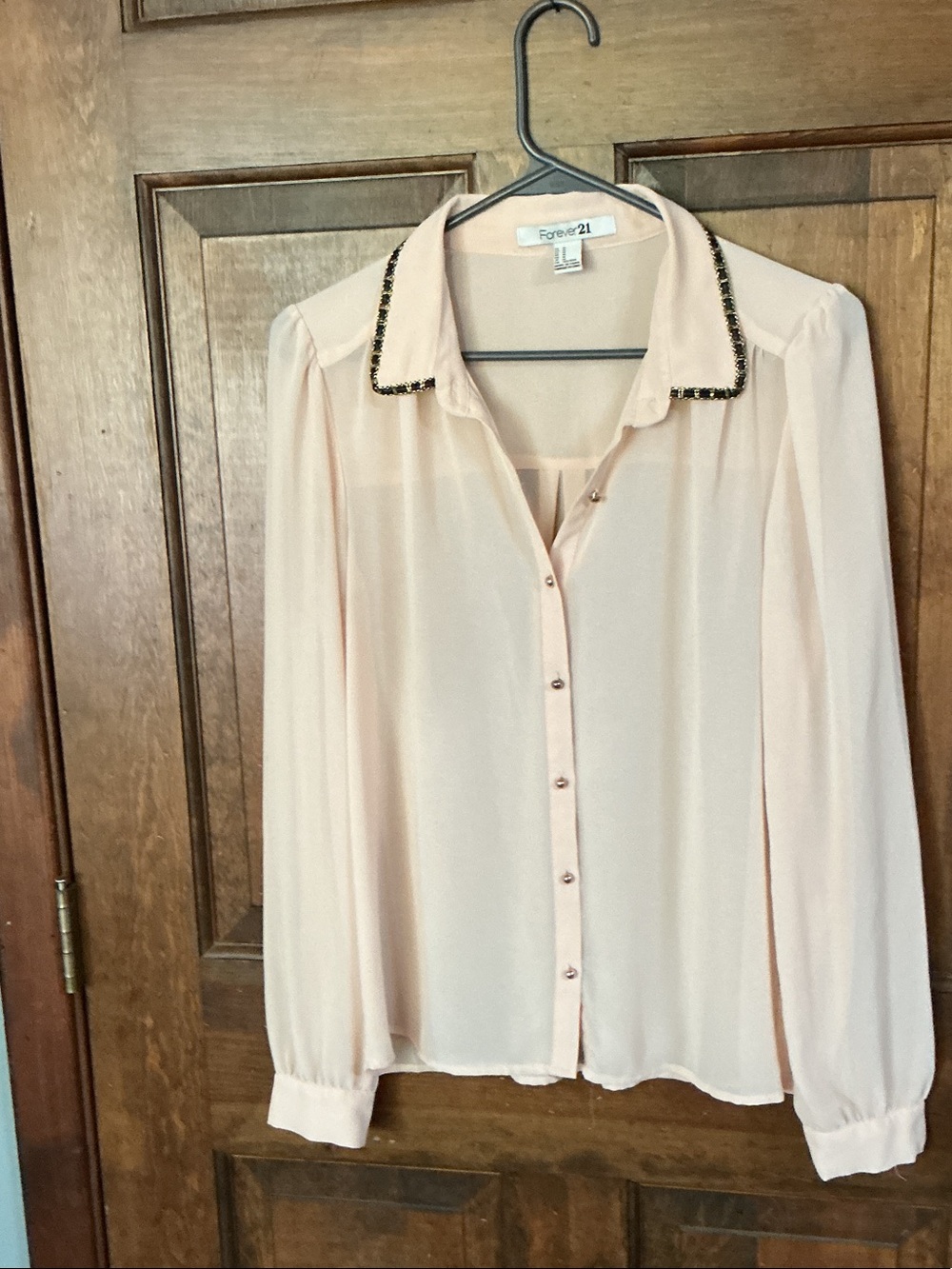 Forever 21 Pale Pink Beaded-Collar Long Sleeve Blouse